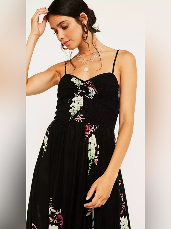 Free People Dresses & Skirts - Free People Black Floral Smocked Maxi Dress with Spaghetti Straps